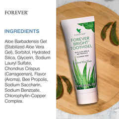Close-up of fluoride-free Forever Bright Toothgel label