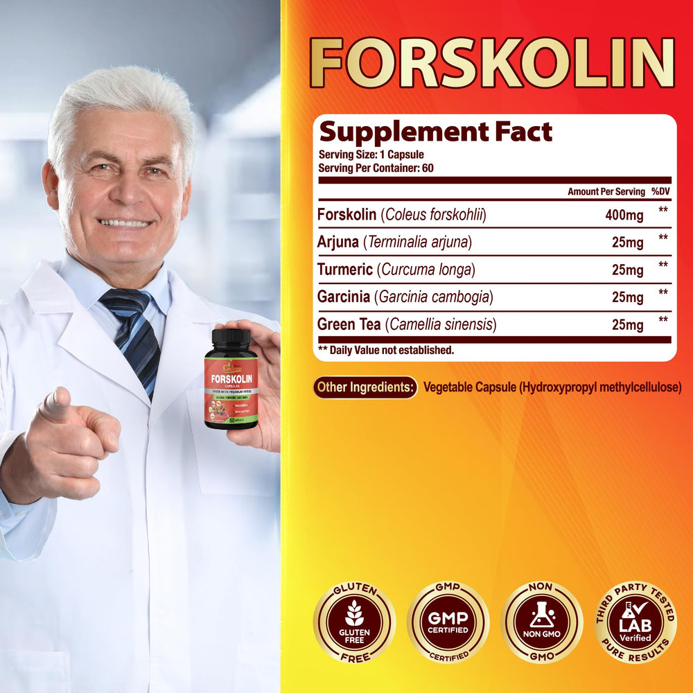 Close-up of Forskolin capsules bottle for 60-day supply