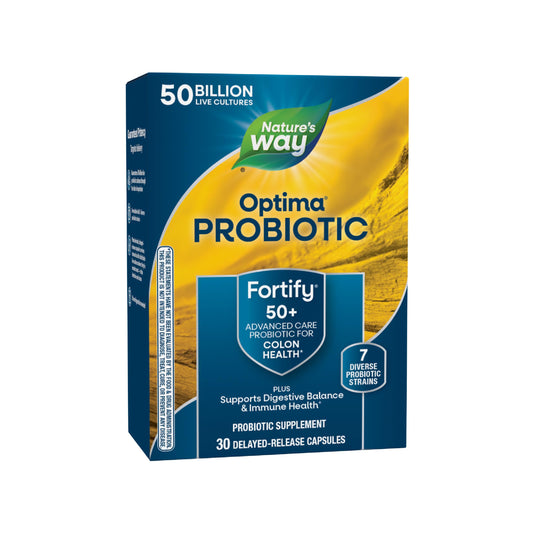 Fortify Optima Probiotic bottle for adults 50+ showing 50 billion cultures per capsule