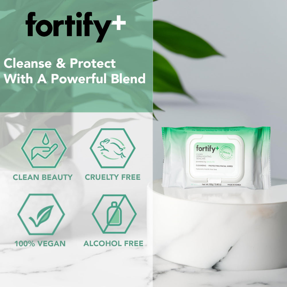 Fortify Skincare wipes for all skin types, non-drying and gentle cleanse