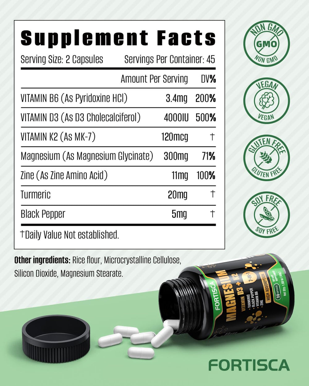 Graphic showing the 7-in-1 blend: magnesium, D3, K2, B6, zinc, turmeric, black pepper