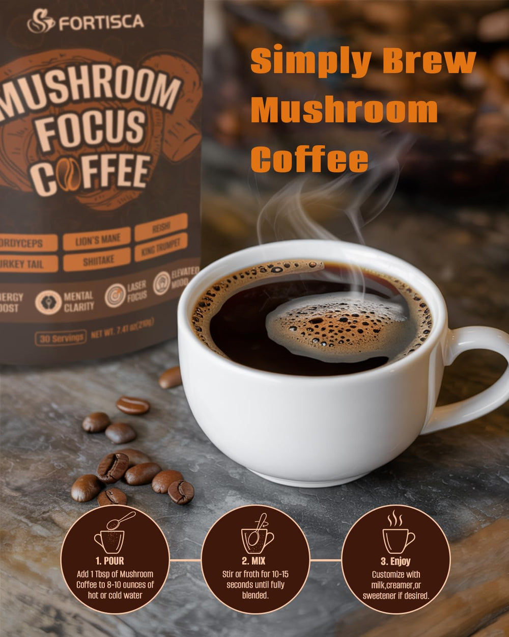 Brewing instructions for instant mushroom coffee