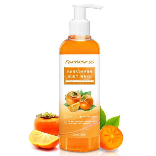 Forvirness Persimmon Body Wash bottle being poured for a refreshing cleanse.