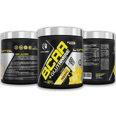 Pre-workout and post-workout BCAA supplement bottle on gym bench