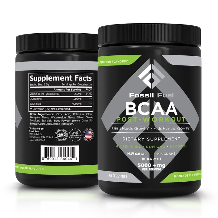 Bottle of Fossil Fuel BCAA Powder Honeydew Watermelon flavor, 30 servings