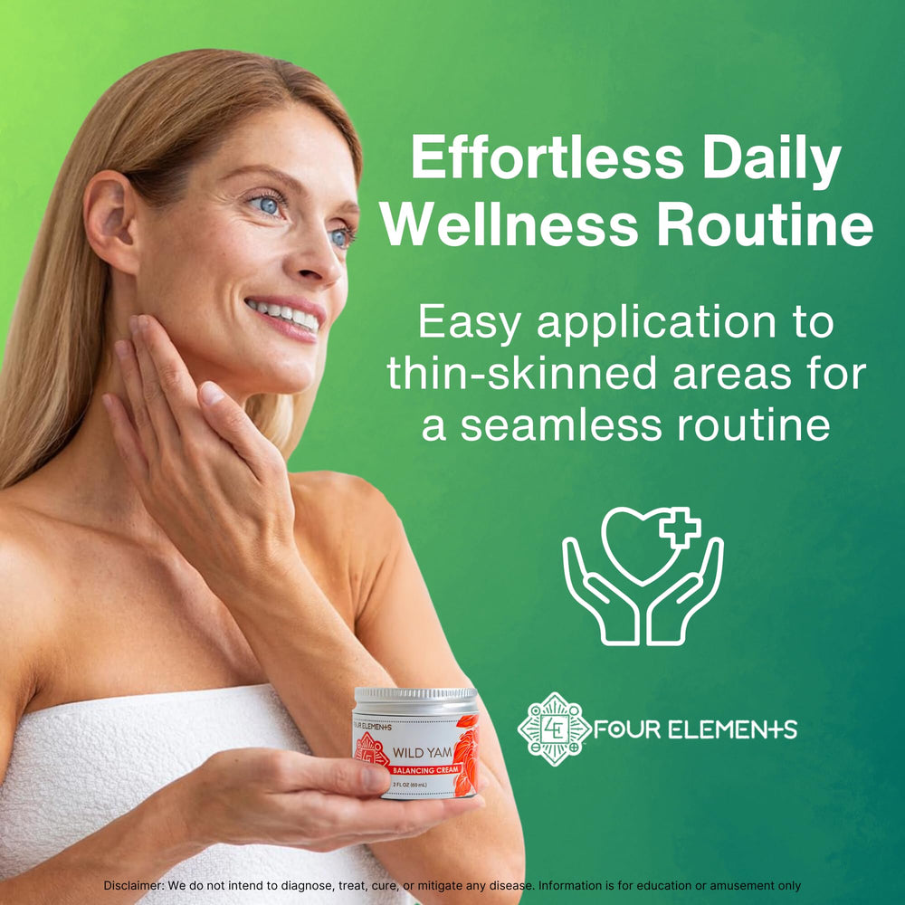 Four Elements 4E hand applying cream demonstrates daily self-care routine