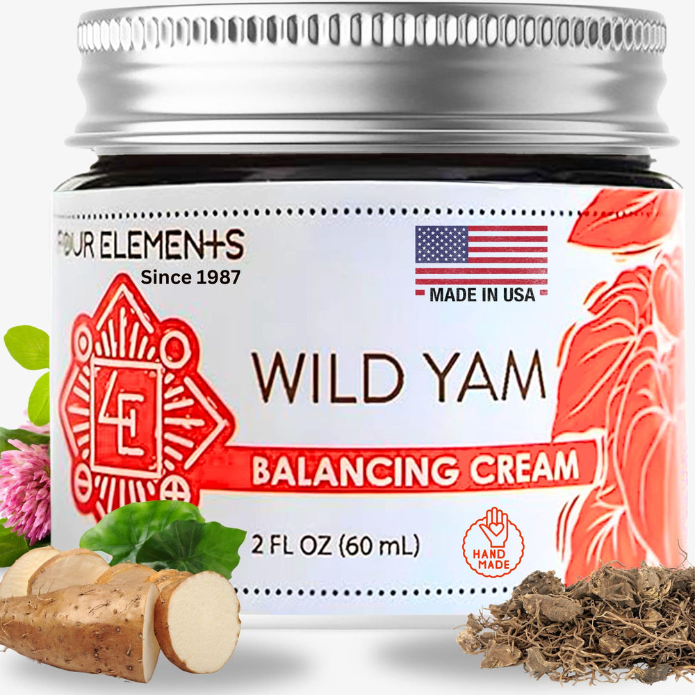Four Elements 4E Wild Yam Balancing Cream jar showcases organic formula for daily balance