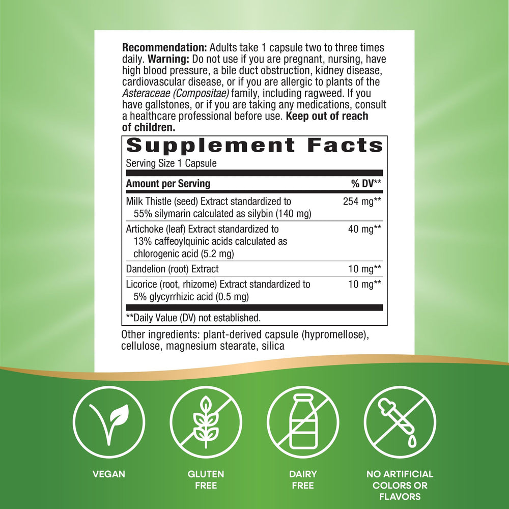 Four-herb blend of milk thistle, artichoke leaf, dandelion root, and licorice root