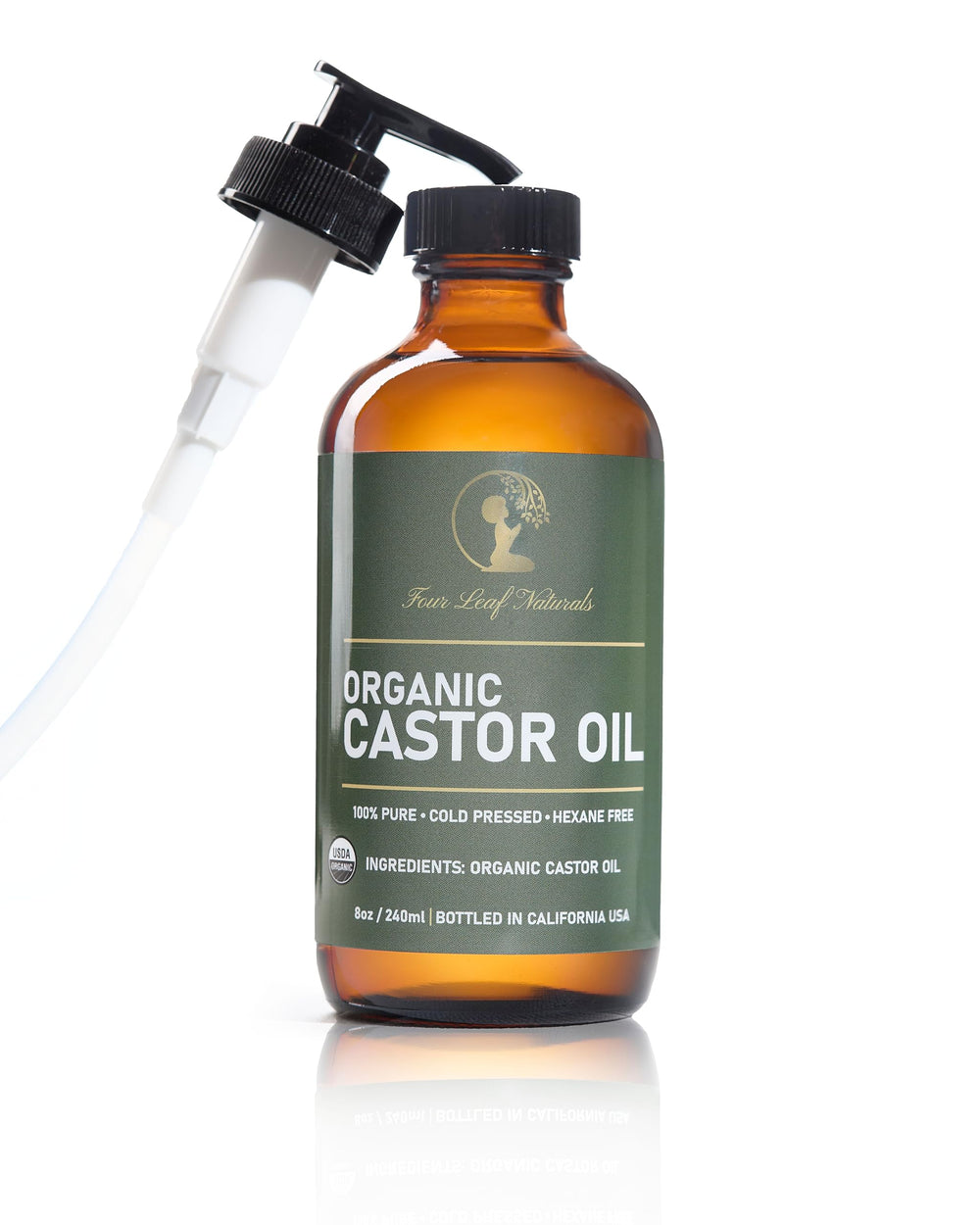 Four Leaf Naturals organic castor oil 8 oz in amber glass bottle