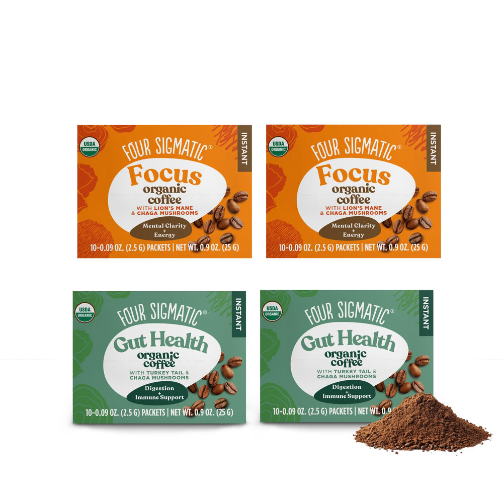 Four Sigmatic Mushroom Coffee Mix Pack of 4 - Lion's Mane and Chaga, Cordyceps and Chaga, vegan, 10 packets per box