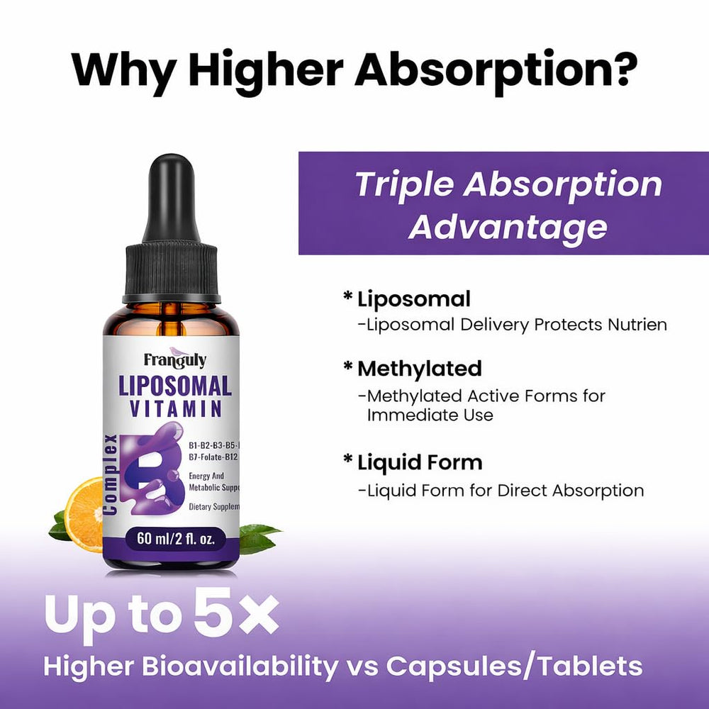 Franguly liposomal B complex liquid bottle on kitchen shelf for everyday use.