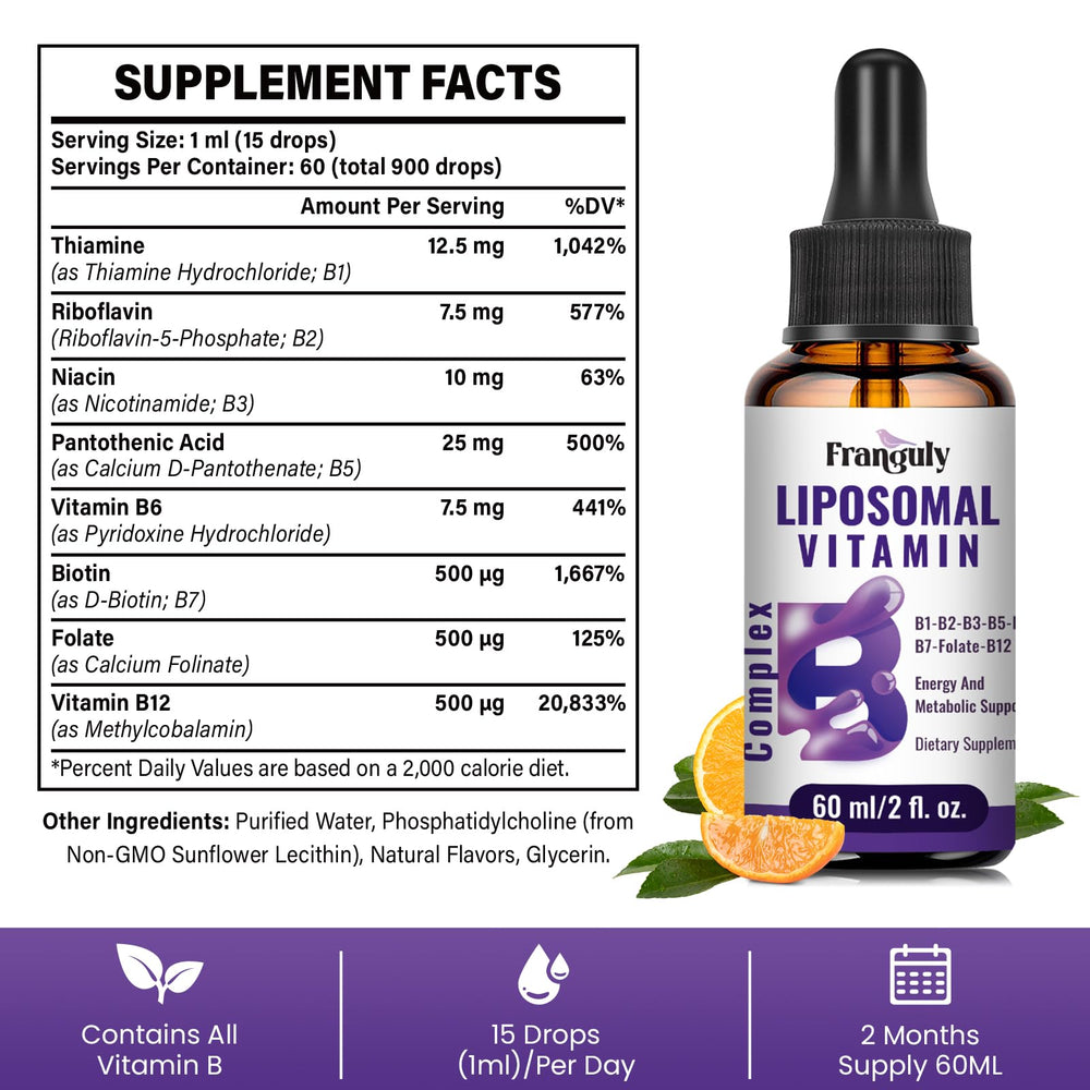 Franguly liposomal B complex liquid alongside water and juice for easy mixing.
