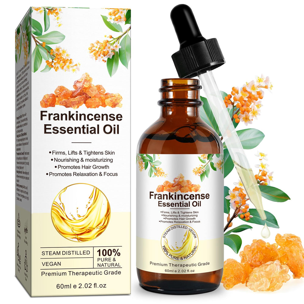 Bottle of frankincense essential oil labeled 100% pure and natural