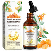 Bottle of frankincense essential oil labeled 100% pure and natural