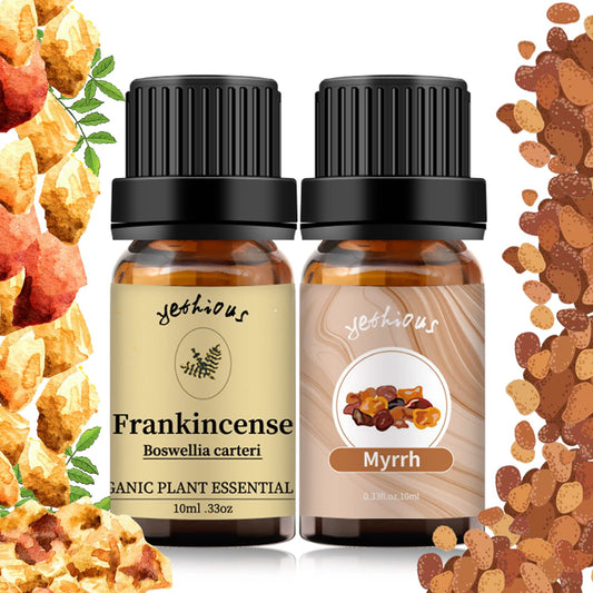 Two 10ml amber glass bottles: Frankincense and Myrrh essential oils