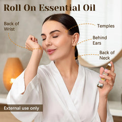 Close-up of amber frankincense essential oil roll-on bottle