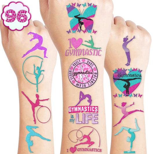 Frawharmone gymnastics tattoos sheets collection showing bright designs for party decor