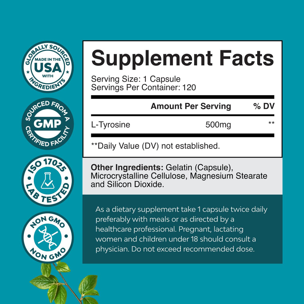 L-Tyrosine 500mg capsules bottle with label close-up