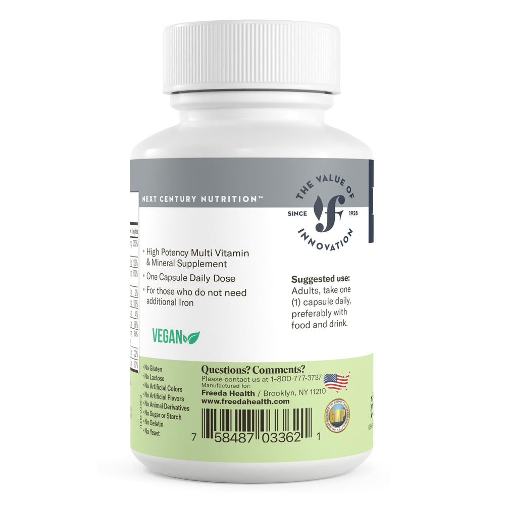 Dosage and capsule count on Freeda multivitamin packaging