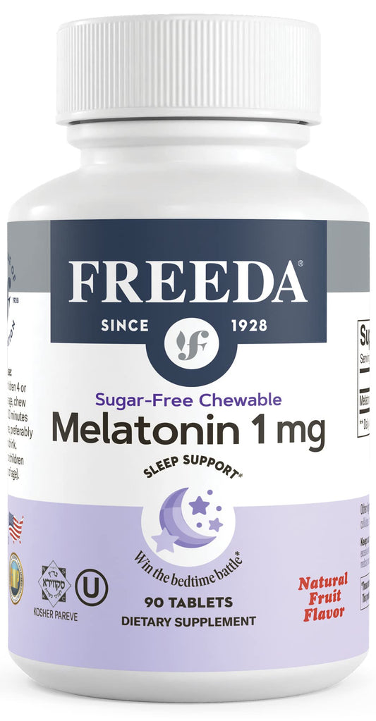 Front view of FREEDA Melatonin 1 mg sugar-free chewables bottle