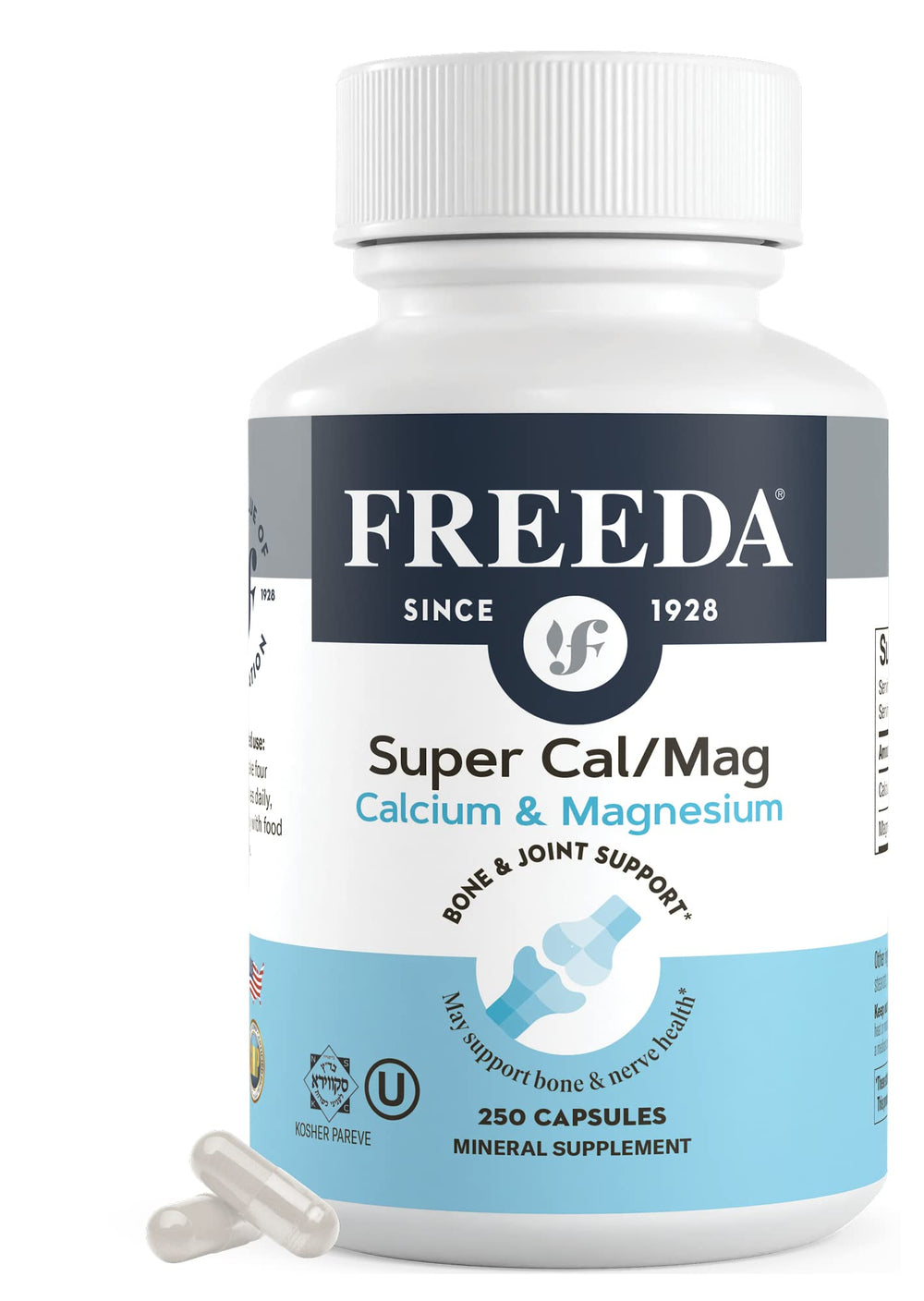 Freeda Super Cal/Mag bottle label – Kosher vegan calcium magnesium supplement