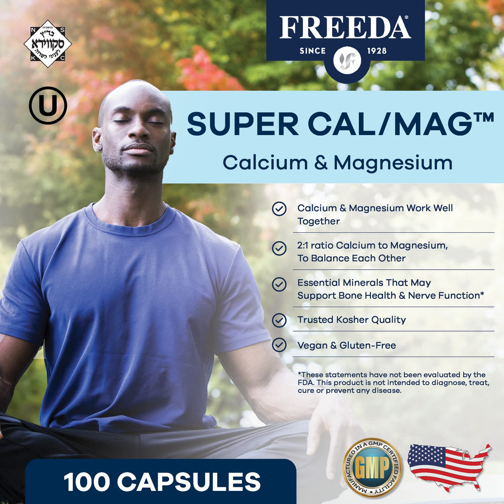 Close-up of Freeda Super Cal/Mag capsules next to bottle