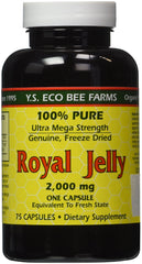 Bottle of 100% Pure Freeze Dried Royal Jelly 2000 mg by YS Eco Bee Farms, 75 capsules