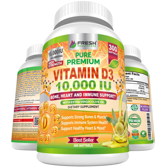 Fresh Healthcare Vitamin D3 10000 IU softgels bottle with extra virgin olive oil
