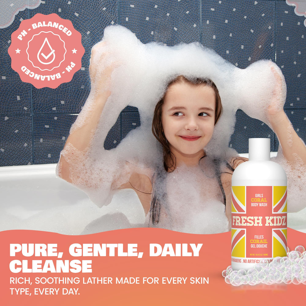 Fresh Kidz Girls Coral bodywash pump showcases easy, mess-free daily use.