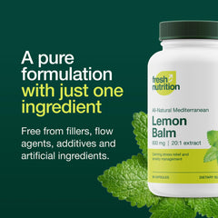 Close-up of a lemon balm capsule showing 600 mg