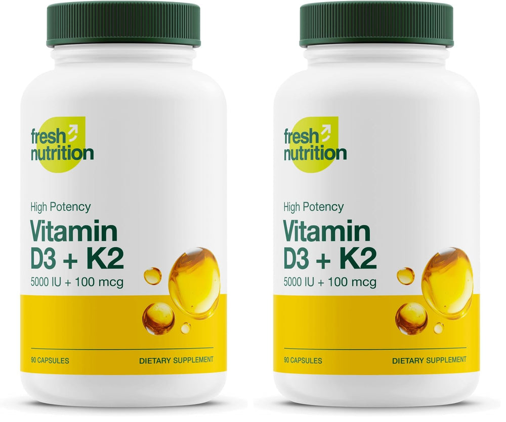 Fresh Nutrition vegan Vitamin D3 + K2 capsules bottle showing 90 capsules per pack