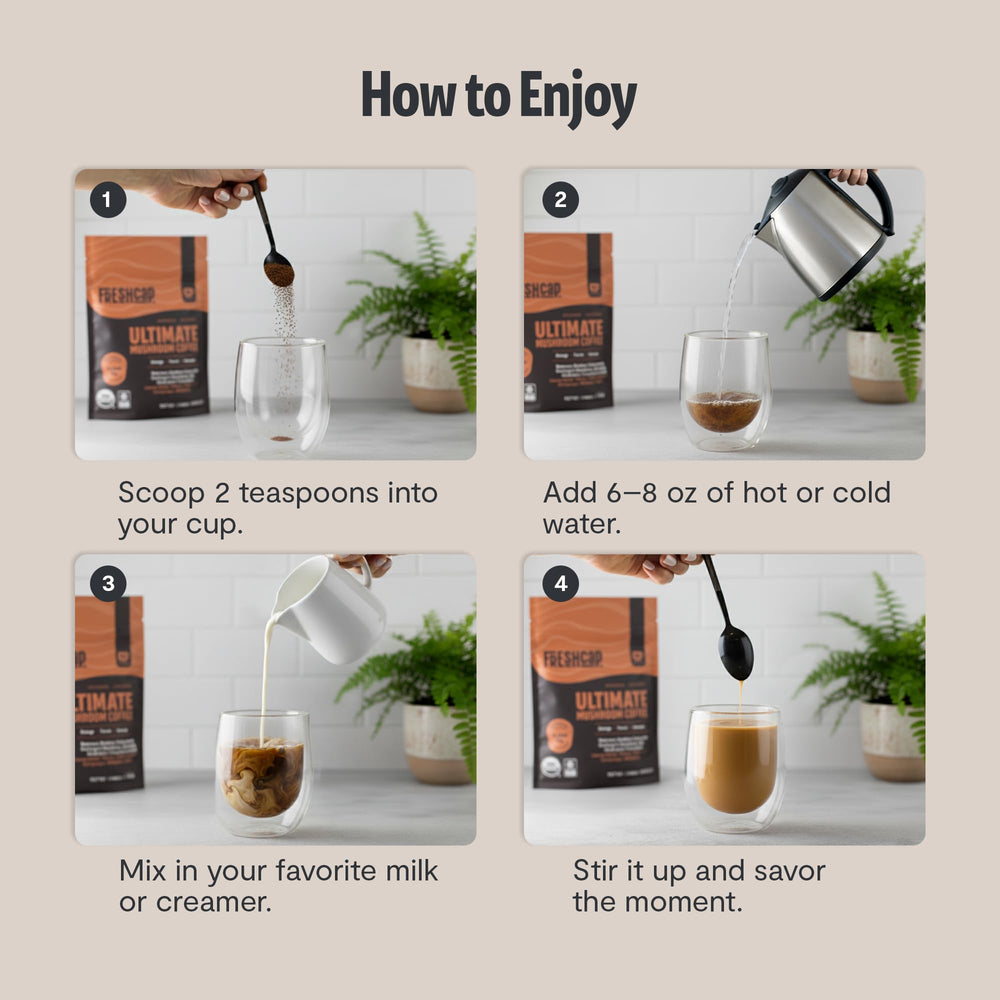 Caffeine content of 50 mg per cup from organic instant coffee