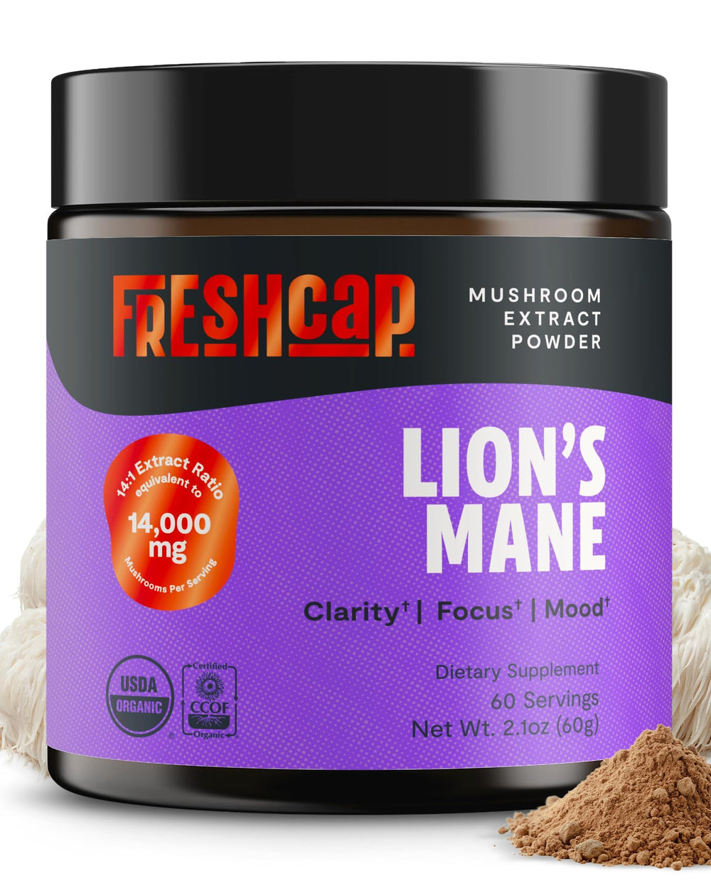 FreshCap Mushrooms Lions Mane powder bottle highlights premium organic extract for mental clarity
