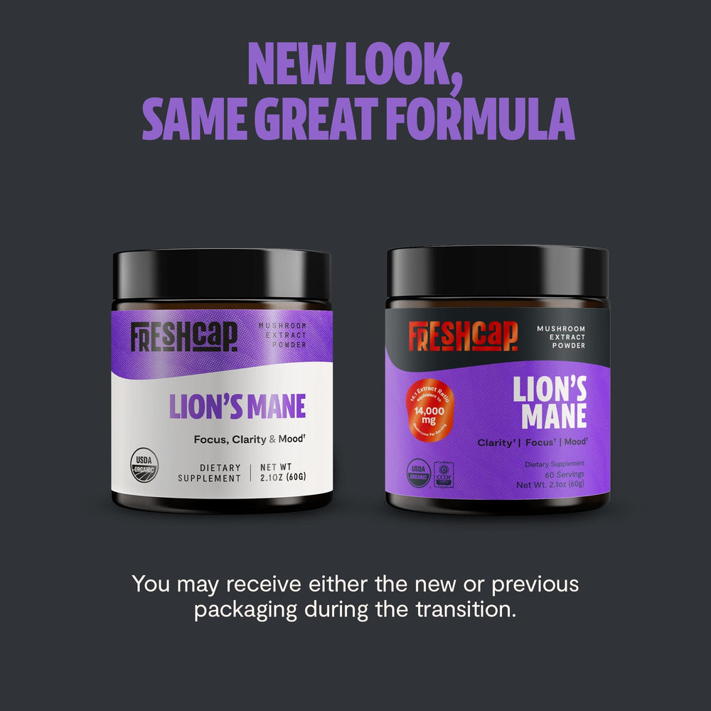 FreshCap Lions Mane powder scoop showing a convenient daily serving for focus