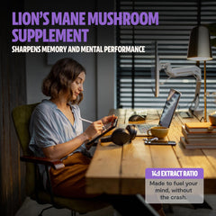 FreshCap Lions Mane powder in a setup with a glass of water