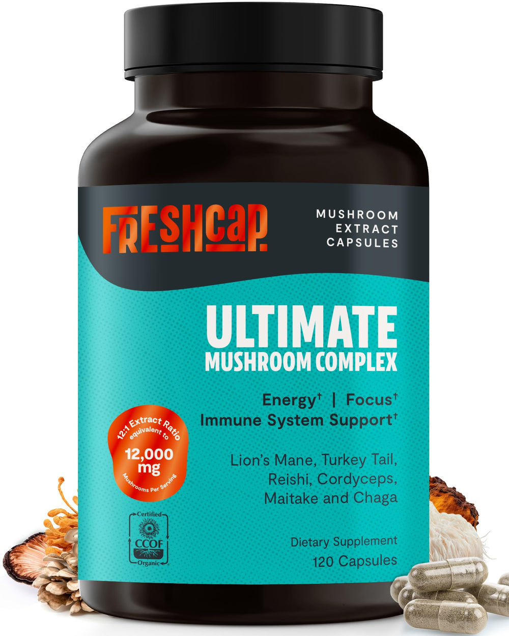 FreshCap Mushrooms Ultimate Mushroom Complex bottle with 120 capsules