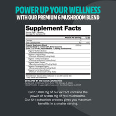 Six-mushroom complex ingredients: Lion's Mane, Reishi, Cordyceps, Chaga, Turkey Tail, Maitake