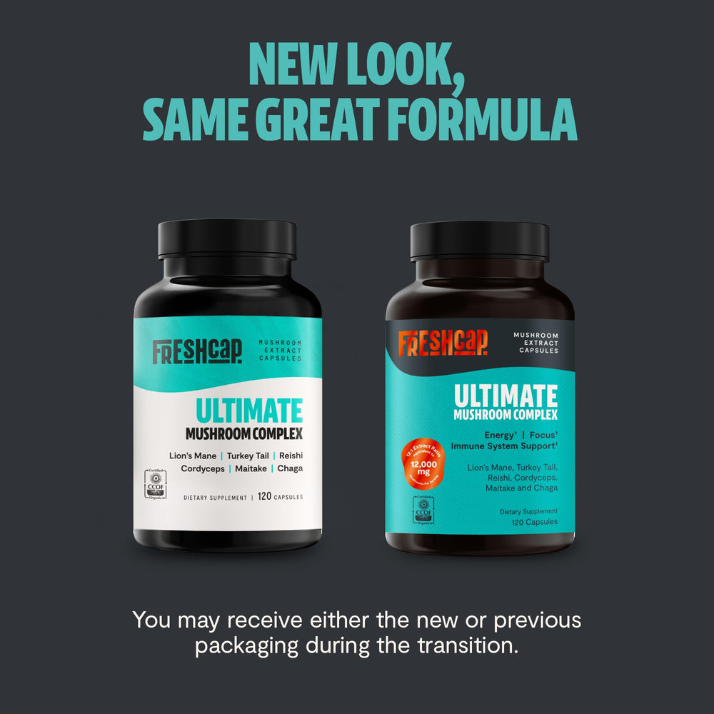 Label highlighting 12,000mg mushroom complex per serving