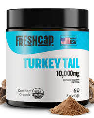 FreshCap Turkey Tail powder bottle label showing 60 servings