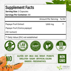 Label showing 1000mg per serving on FRESHDRINKUS Papaya Capsules