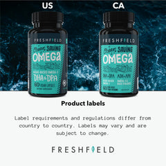 Back panel of Freshfield Omega-3 DHA + DPA packaging highlighting DHA and DPA per capsule