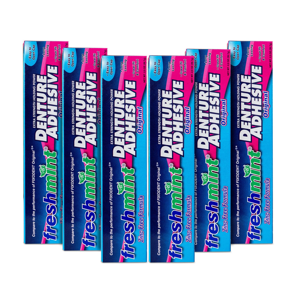 Oversized cap and ooze-control applicator on Freshmint denture adhesive tube
