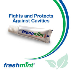 Close-up of Freshmint toothpaste tube with mint flavor label