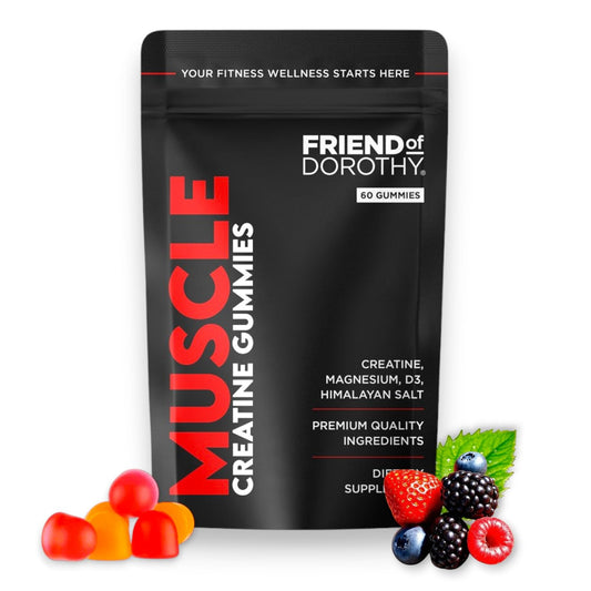 Friend of Dorothy Creatine Gummies bottle with gummies on white background