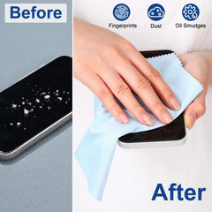Glasses and camera lens being cleaned with blue microfiber cloth