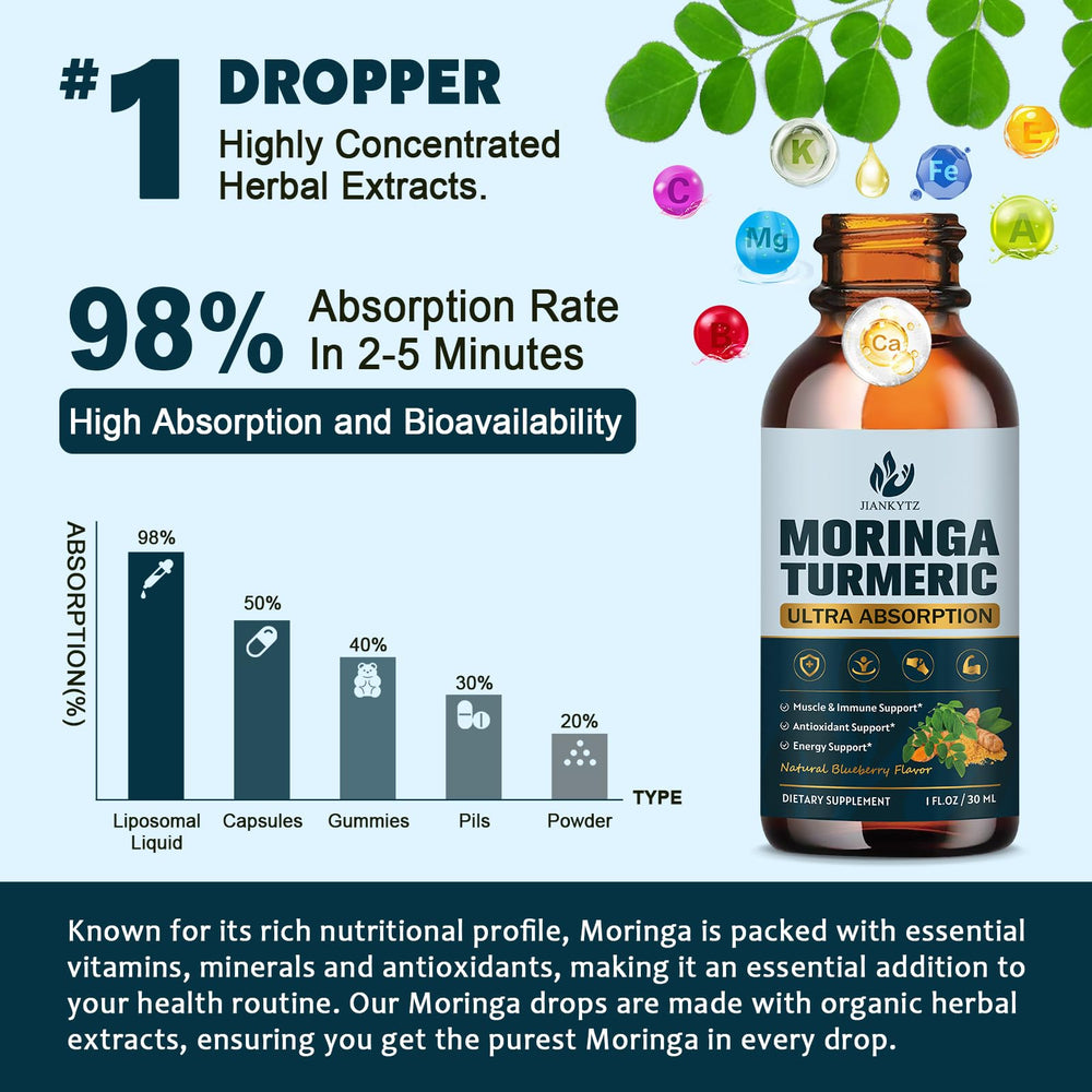 Front view of organic moringa liquid drops bottle on white background