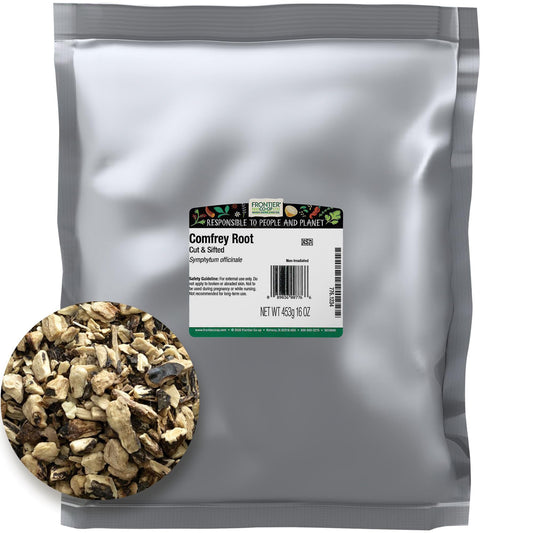 Frontier Co-op dried comfrey root in a 1lb bulk bag