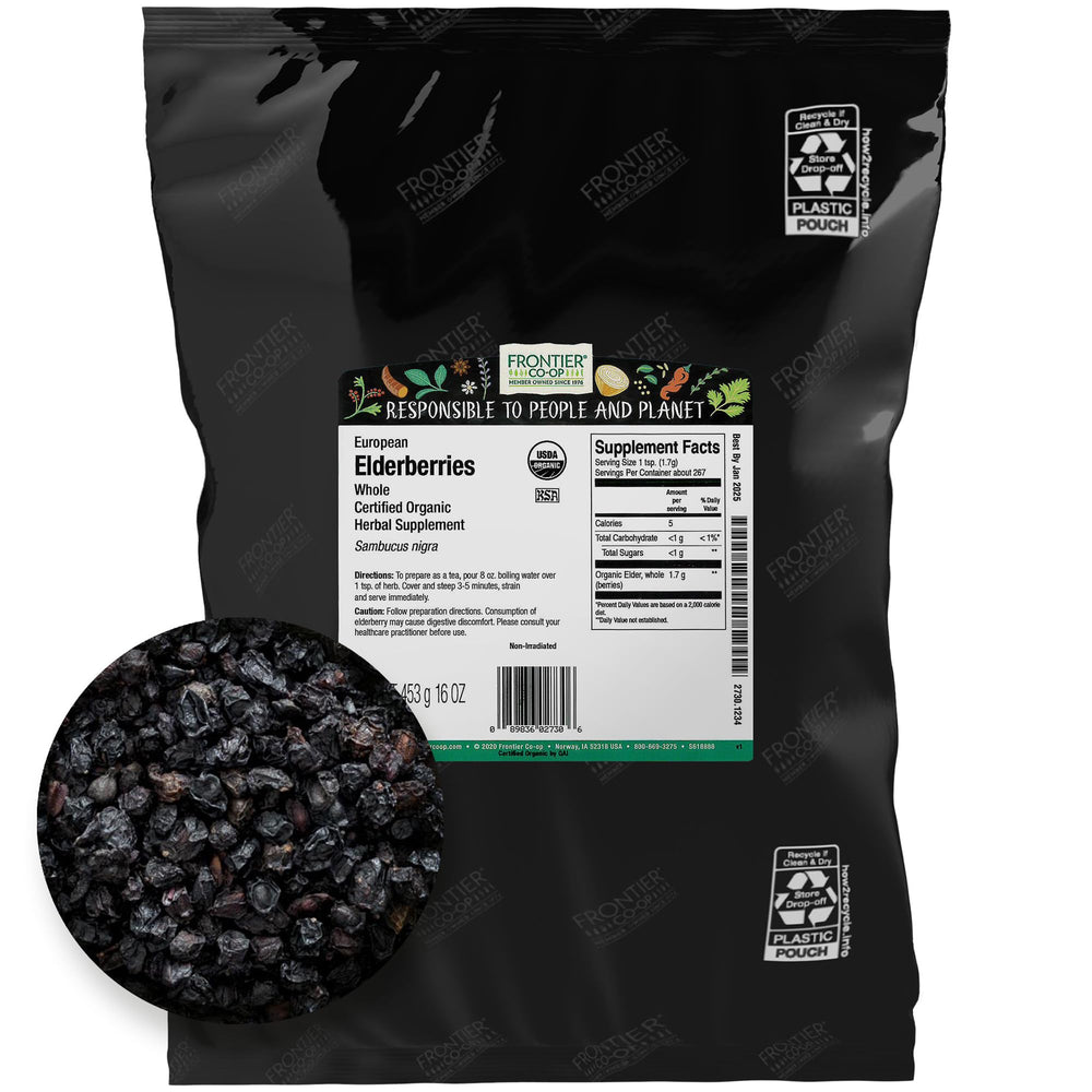 Frontier Co-op Organic Dried Elderberries 1lb bulk bag with European whole berries