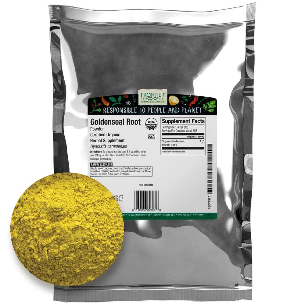 Frontier Co-op Organic Goldenseal Root Powder, 4 oz, earthy bitter powder with bright yellow hue