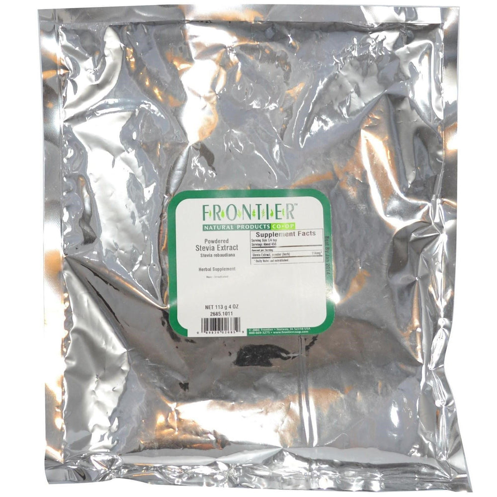 Bulk packaging image of Frontier Co-op Stevia extract powder in white